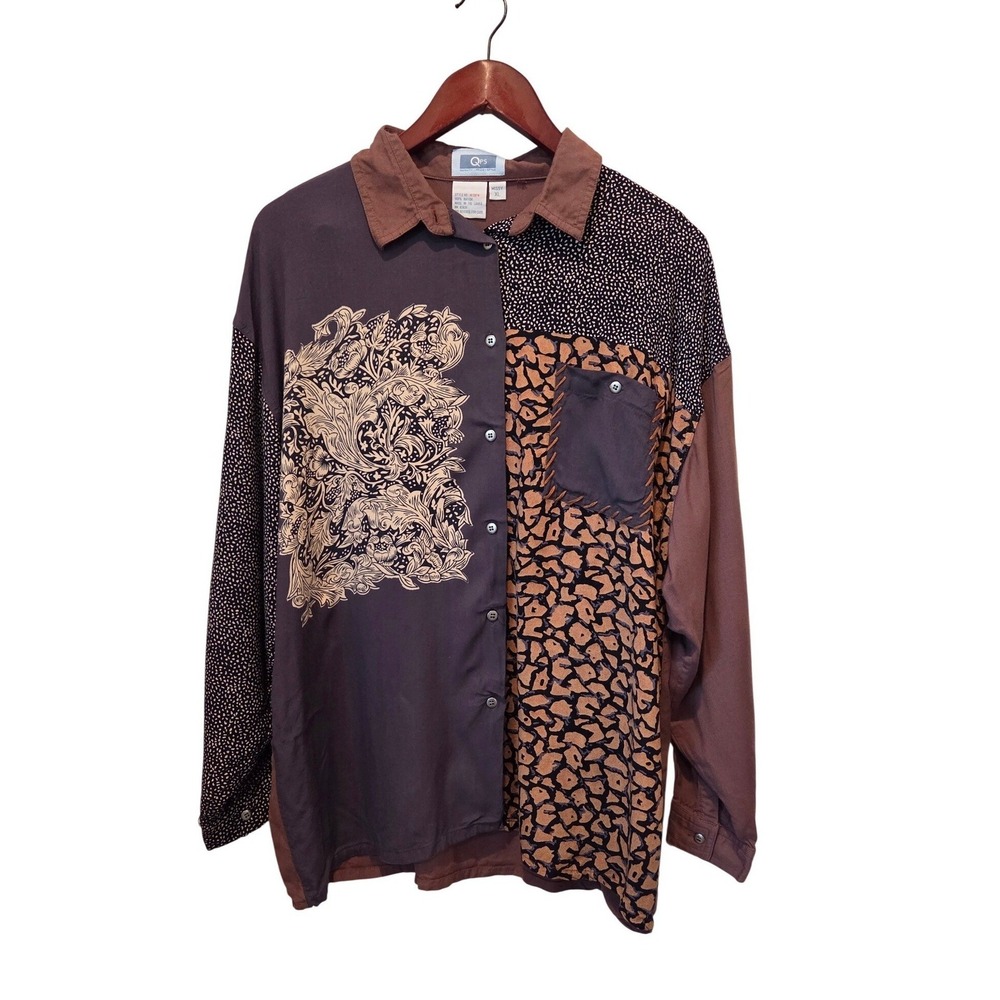 QPS Button Down Rayon Patchwork Print Relaxed Brown Multi Artsy Casual XL
